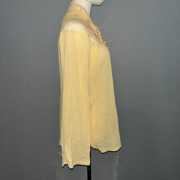 FREE PEOPLE ON THE ISLAND Butter Yellow Crocheted High Neck Peasant Blouse  - L - Picture 6 of 16